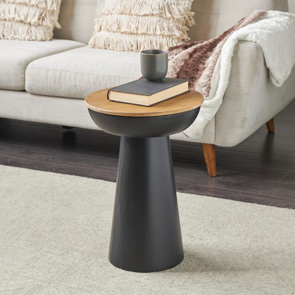 Litton Lane 15 in. Black Handmade Pedestal Round Metal Coffee Table with Brown Wood Tabletop