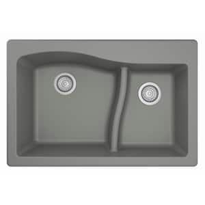 Drop-In Quartz Composite 33 in. 1-Hole 60/40 Double Bowl Kitchen Sink in Grey
