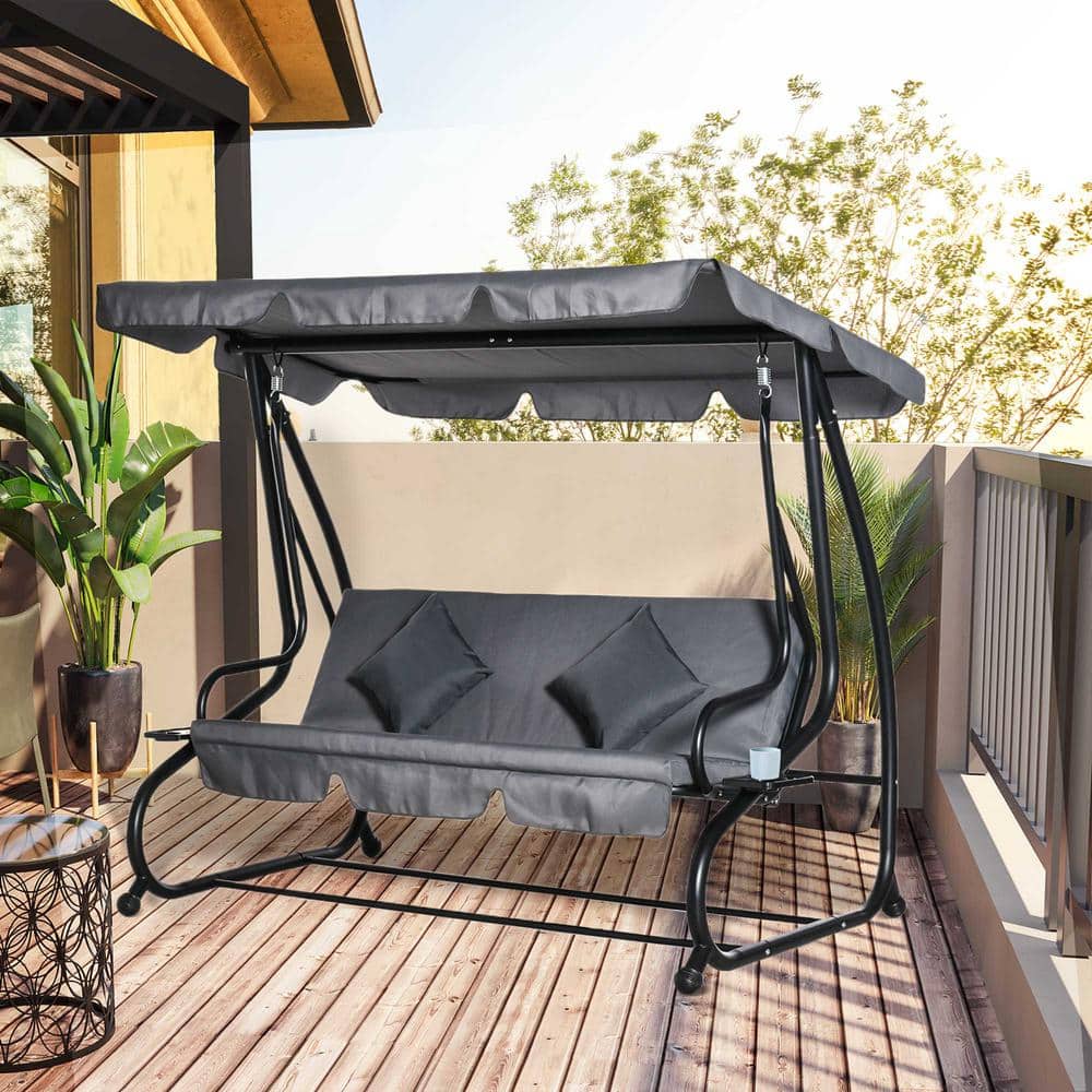 Gray Cushioned 3-Seat Outdoor Swing Bench with Canopy