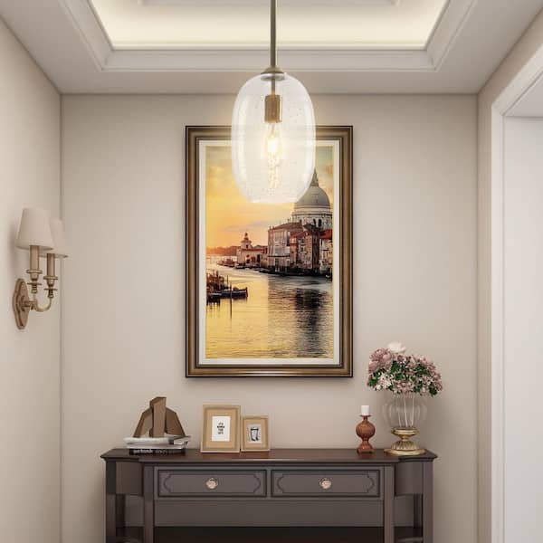60-Watt 1-Light Gold Oval Pendant Light with Clear Seed Glass, No Bulbs Included