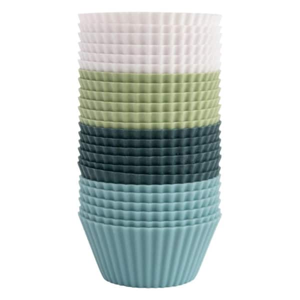 3 in. Reusable Silicone Baking Cup Silicone Muffin Liners for Cupcakes, White Blue Green (24-Pack)