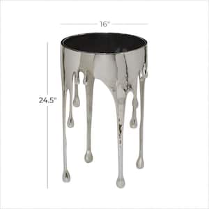 16 in. Silver Drip Large Round Glass End Table with Melting Design and Shaded Glass Top