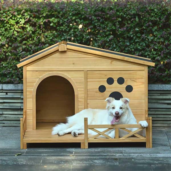 N/A 33 in. H Wood Garden Fence Wooden Dog House with Porch, Water