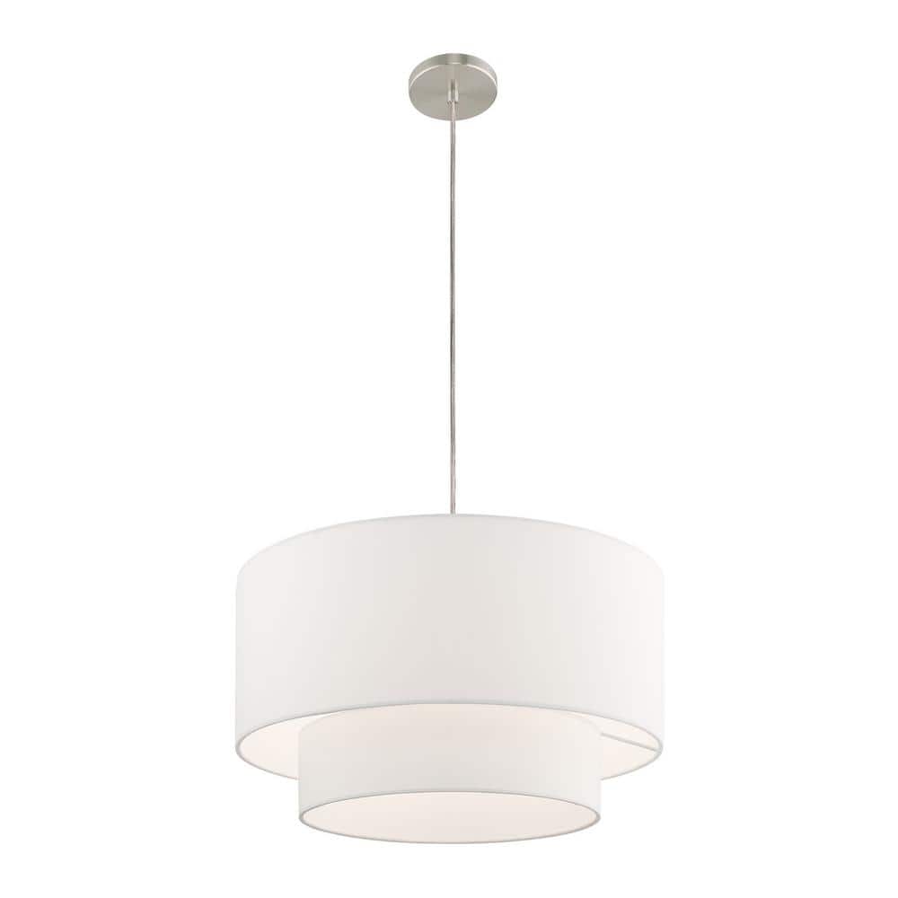 Elegant Brushed Nickel Drum Pendant with Off-White Fabric Shade