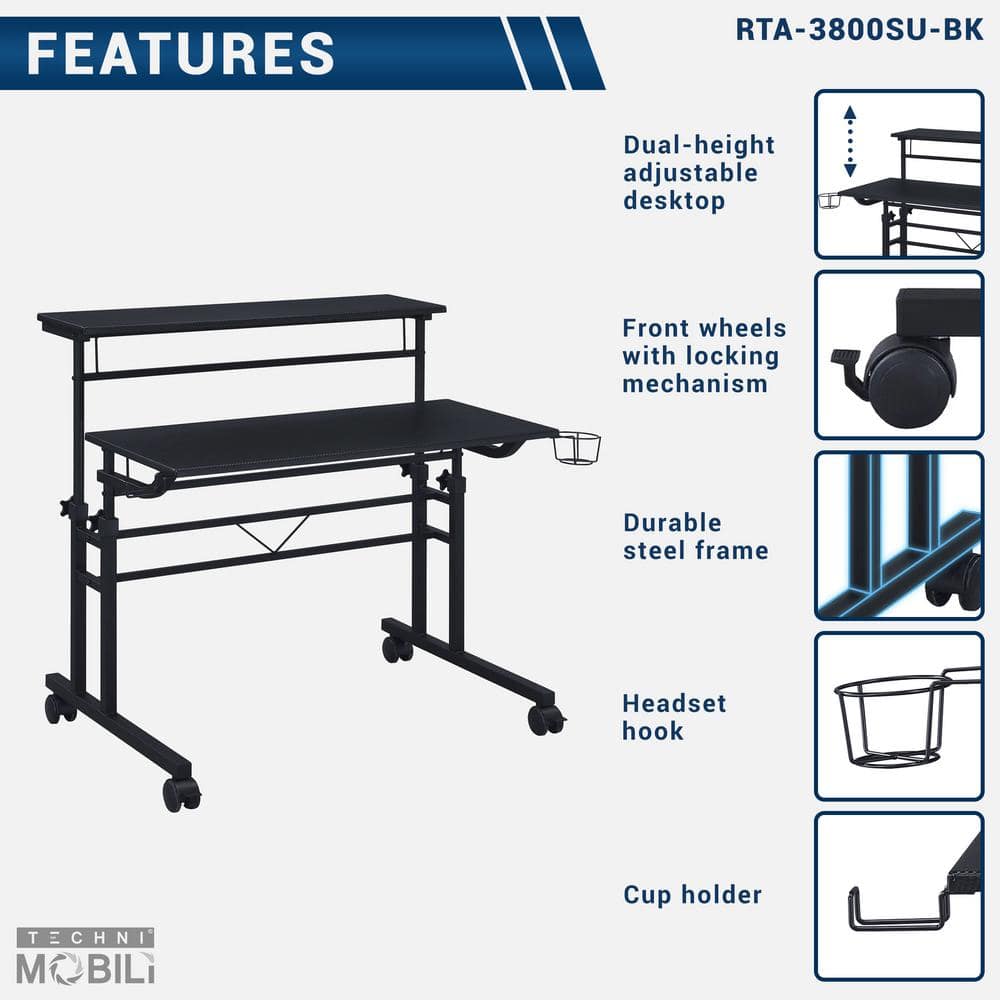 Adjustable Height Black Mobile Writing Desk with Cup Holder and Headphone Hook