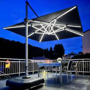 10 ft. Square Aluminum Solar Powered LED Patio Cantilever Offset Umbrella with Stand, Black