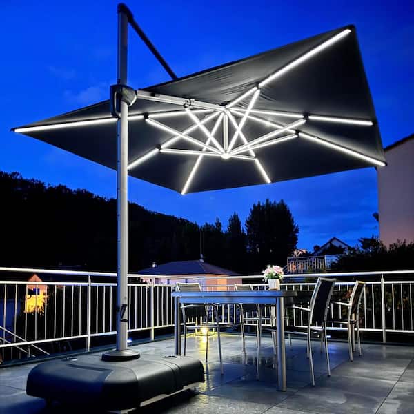 PURPLE LEAF 10 ft. Square Aluminum Solar Powered LED Patio Cantilever Offset Umbrella with Stand, Black