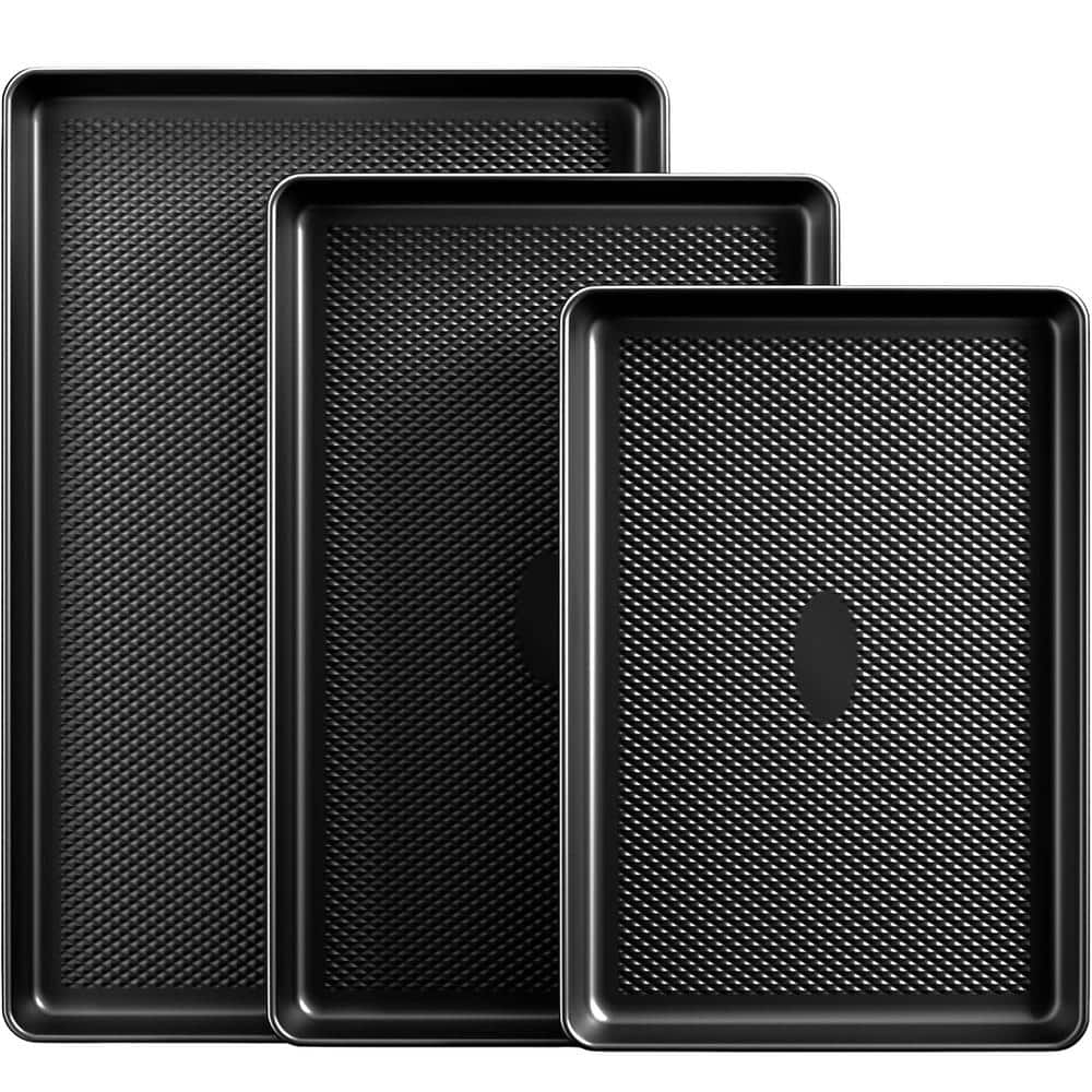 3-Piece Carbon Steel Baking Sheet Pan Sets, Heavy Duty Nonstick Cookie Tray for Oven with Diamond Texture Pattern, Gray