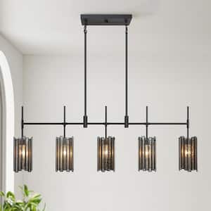 Transitional 45.3 in. 5-Light Flat Black Linear Chandelier with Drum Mercury Glass Shades Island Pendant for Dining Room