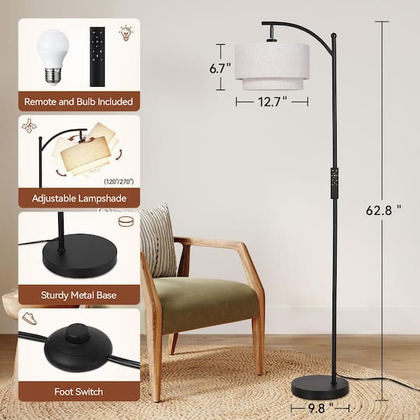 SUNMORY 63 in. Black with Remote Arc Floor Lamps, 12 Dimmable Bulb