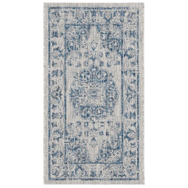 Courtyard Gray/Navy 2 ft. x 4 ft. Distressed Border Ornate Indoor/Outdoor Area Rug
