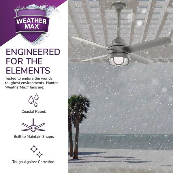 Hunter - Searow 54 in. LED Outdoor Matte Silver Ceiling Fan with Light Kit and Wall Control