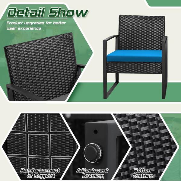 Tozey Black 3-Piece Patio Sets Steel Outdoor Wicker Patio