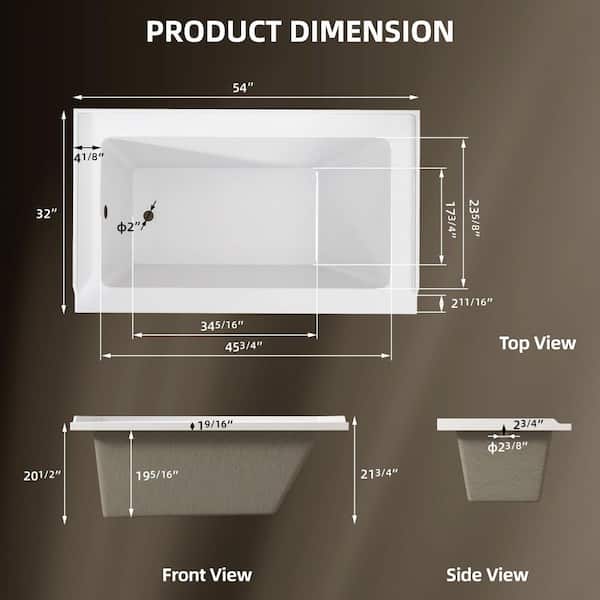 PureDrop 54 in. x 32 in. Acrylic Rectangular Drop-in Soaking Bathtub with Left-Hand Drain Integral Tile Flange in White