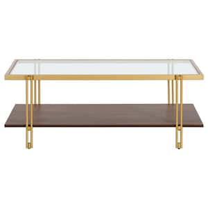 Inez 45 in. Brass/Walnut Rectangular Glass Top and MDF Shelf Coffee Table