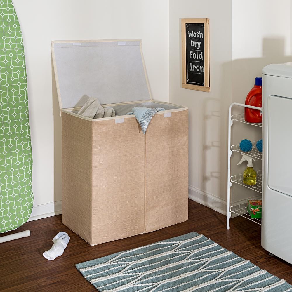 Beige Collapsible Dual Compartment Laundry Hamper with Lid