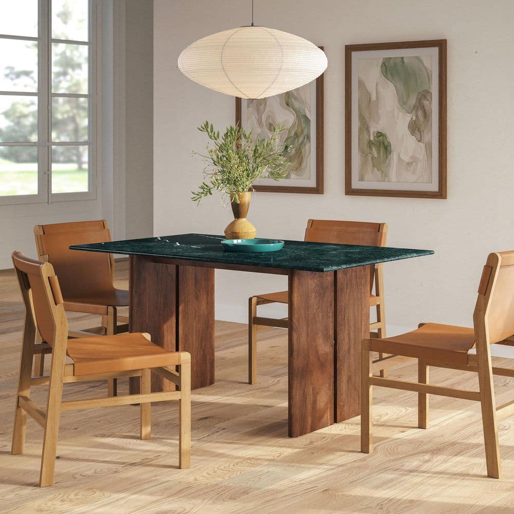 Amistad Walnut Green Marble 60 in. Sled Base Dining Table for 4 to 6 Seats