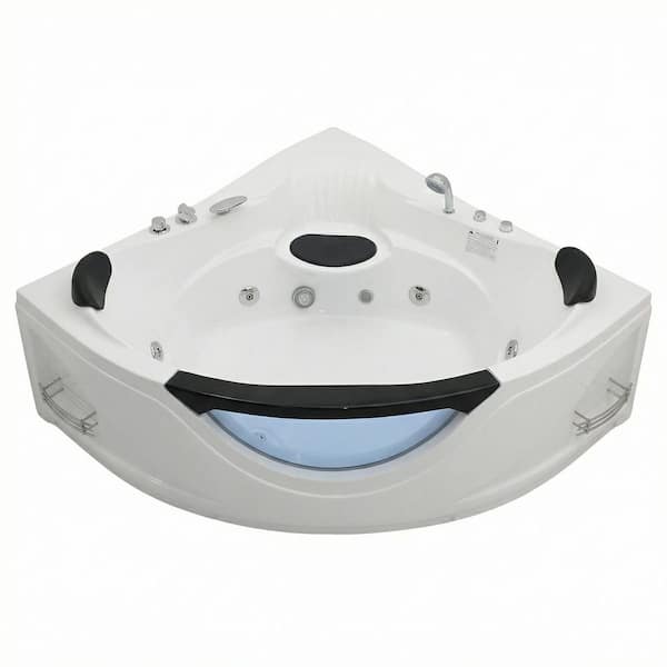 59 in. x 59 in. Corner Whirlpool Bathtub with Left Drain in White, Chromatherapy LED Lights and Pneumatic Adjust System
