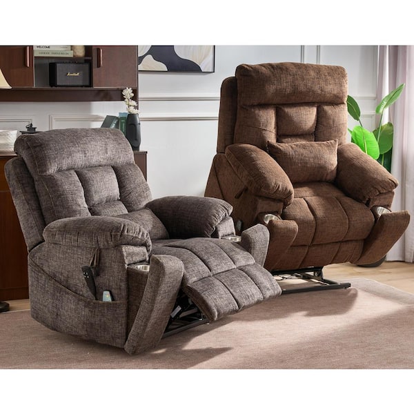 Enhanced Flagship Oversized Dual OKIN Motor Chenille Lift Recliner with Massage Heating and Assisted Standing - Truffle