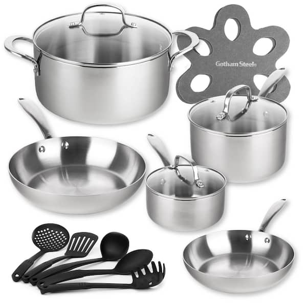 15-Piece Stainless Steel Tri-Ply Cookware Set with Cookware Pad Protectors and 5-Piece Utensils