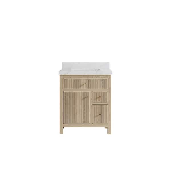 Willow Collections Sonoma Oak 30 in. W x 22 in. D x 36 in. H Single Sink Bath Vanity Center in White Oak 2 in. Calacatta Sienna Quartz Top