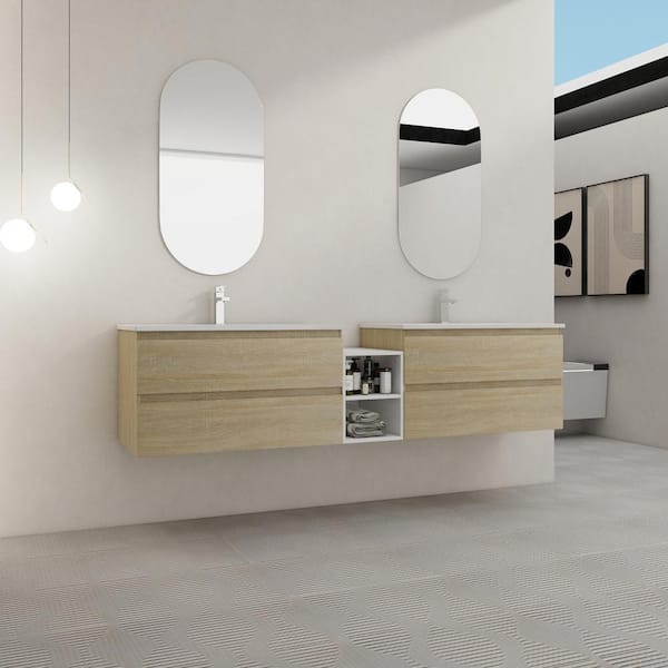 Bohemia 84 in. W X 18.3 in. D x 20.5 in. H Floating Bath Vanity in Light Oak with White Ceramic Vanity Top