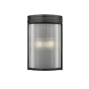Carnaby 8 in. Matte Black 2-Light Wall Sconce with Clear Ribbed Glass Shade with No Bulbs Included (1-Pack)
