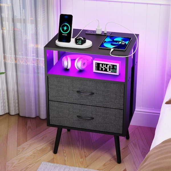 Black 2-Piece Modern Nightstand w/ Charging Station and LED Light, 2 Fabric Drawer Per Nightstand,End Table for Bedroom