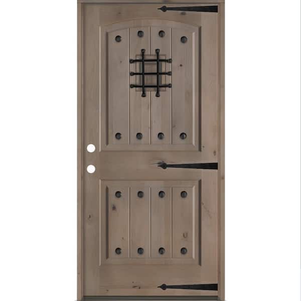 Mediterranean 30 in. x 80 in. Knotty Alder Right-Hand/Inswing Arch Top BEHR Weathered Gray Stain Wood Prehung Front Door