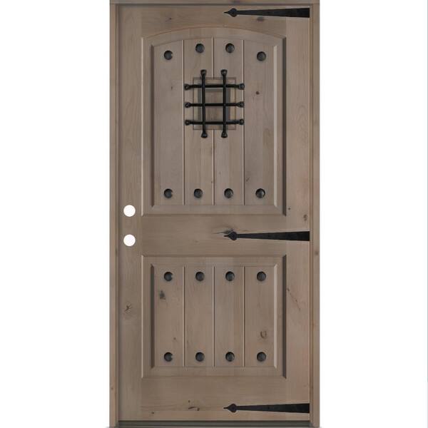 Mediterranean 42 in.x 80 in. Knotty Alder Right-Hand/Inswing Arch Top BEHR Weathered Gray Stain Wood Prehung Front Door