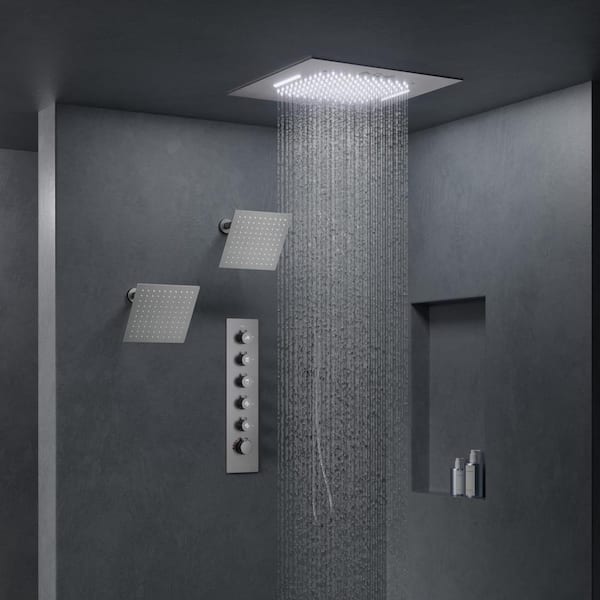 GRANDJOY Aurora Cascade LED Showers 5-Spray Ceiling Mount 20 in. Fixed Shower 2 10 in. Showers Handheld in Brushed Nickel-5 Spray