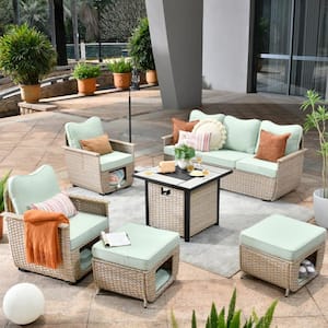 Sierra Beige 6-Piece Wicker Outdoor Multi-Function Patio Conversation Sofa Set with a Fire Pit and Mint Green Cushions