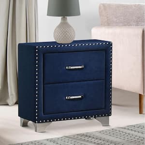 Cale 2-Drawer Blue Wooden Nightstand with Velvet Upholstered and Nailhead ( 26.25 in. H x 21 in. W x 18 in. L)