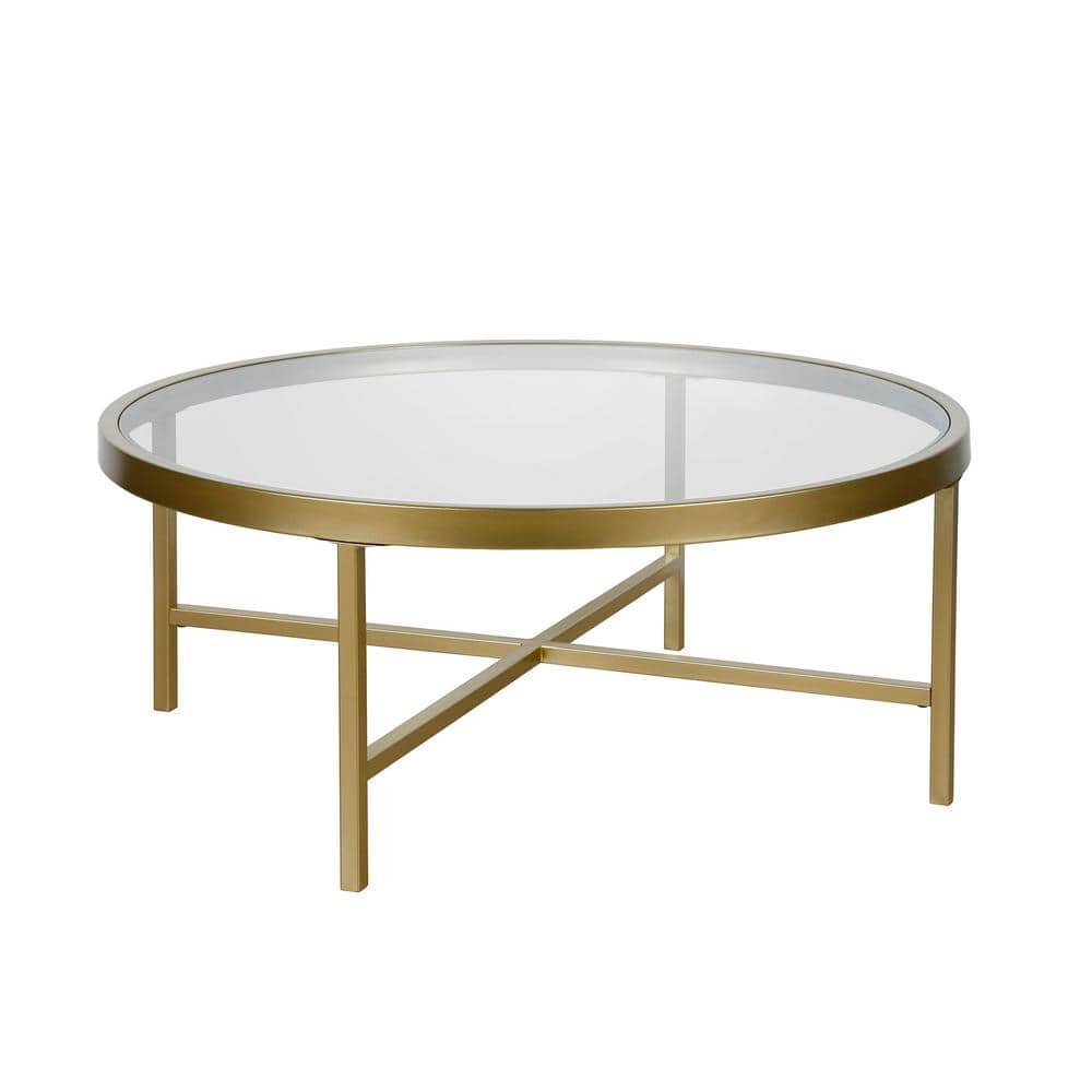 Elegant 36" Round Glass-Top Coffee Table with Brass Finish