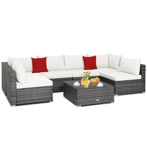 7-Piece Patio Rattan Furniture Set Sectional Sofa Cushioned Off White