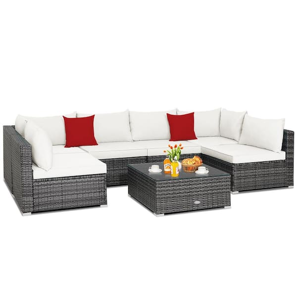 Costway 7-Piece Patio Rattan Furniture Set Sectional Sofa Cushioned Off White