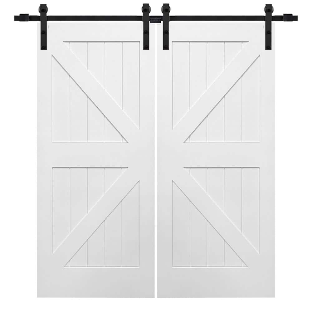 MMI Door 72 in. x 84 in. Primed Composite KPlank Double Sliding Barn Door with Matte Black