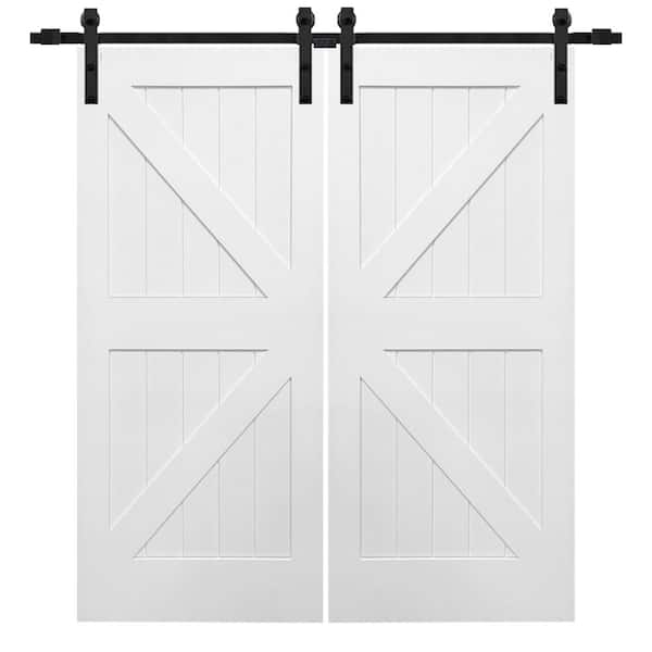 MMI Door 72 in. x 84 in. Primed Composite K-Plank Double Sliding Barn Door with Matte Black Hardware Kit