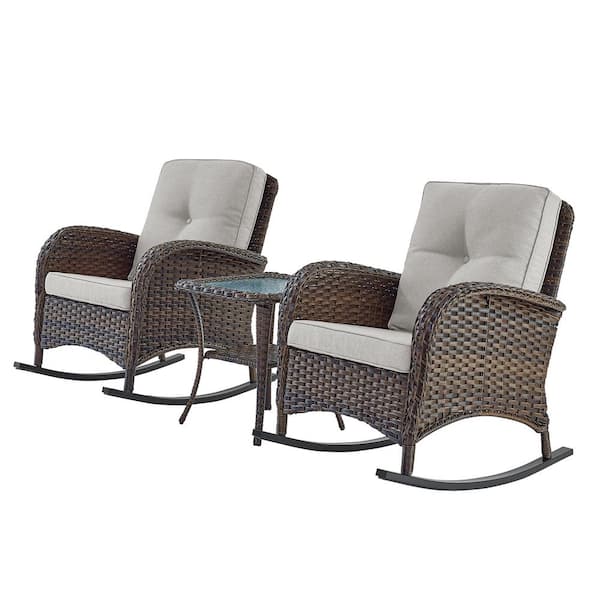 3-Piece Brown Wicker Patio Conversation Set with Beige Cushions and Coffee Table Flat Handrail Rocking Chairs