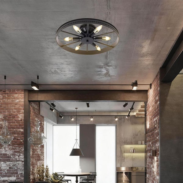 OUKANING 18 in. 6-Light Black Industrial Wagon Wheel Rustic Flush