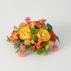 8" Artificial Blooming Orange Ranunculus and Mixed Flower Half Orb