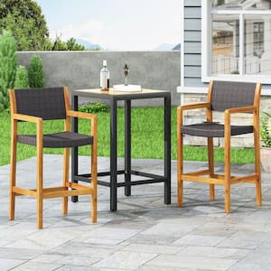 Gensee Teak Brown Wood Outdoor Patio Bar Stool with Black Faux Faux Rattan Seat (2-Pack)