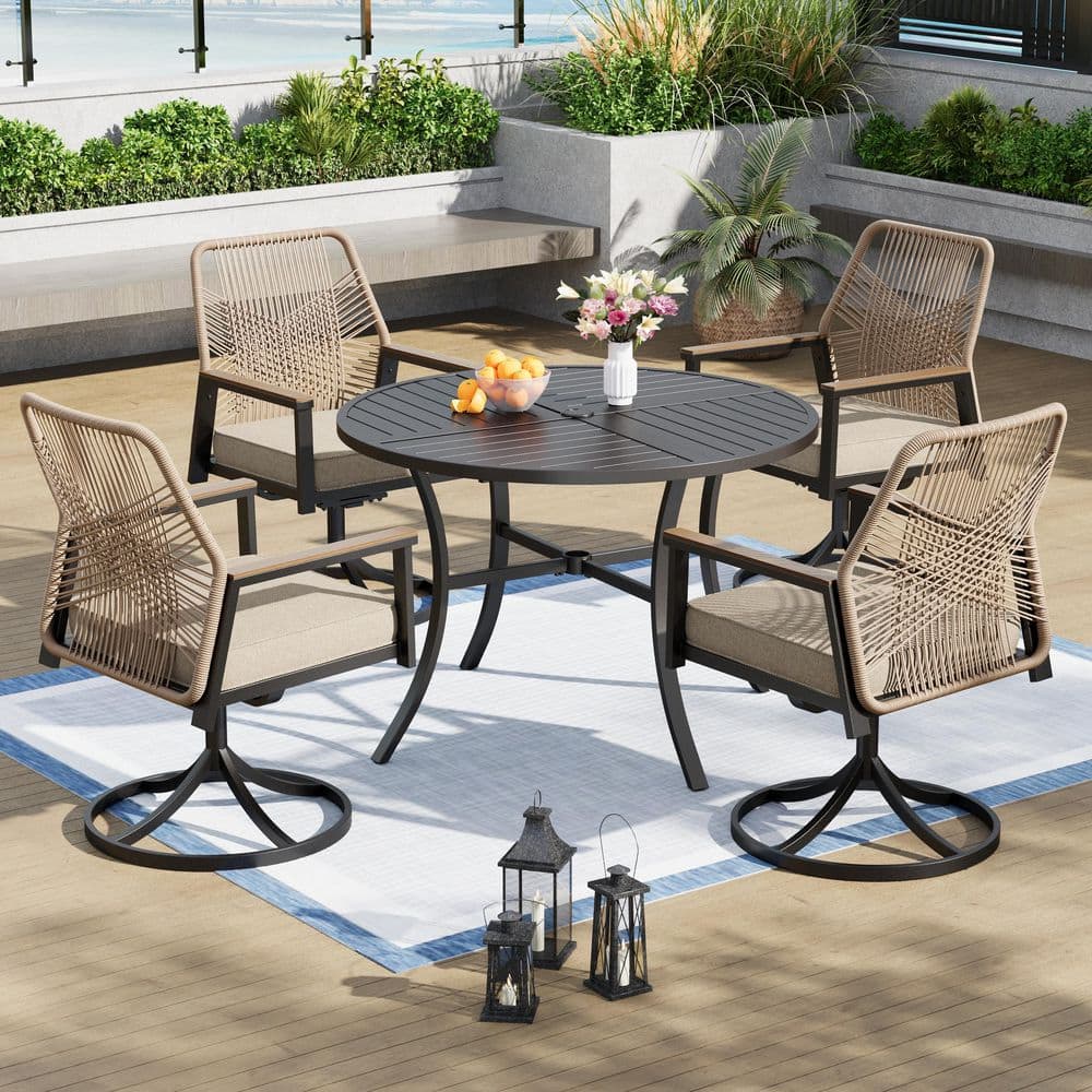 PHI VILLA 5-Piece Black Metal Patio Outdoor Dining Set with Round