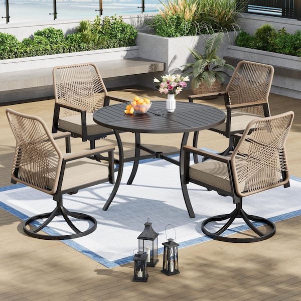 5-Piece Black Metal Patio Outdoor Dining Set with Round Table and Woven Rope Swivel Chair with Beige Cushions