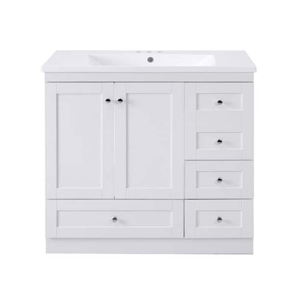 Aoibox 36 in. W x 18 in. D x 34.5 in. H Freestanding Bath Vanity in White with White Resin Single Sink Top, 4 Drawers & 2 Doors