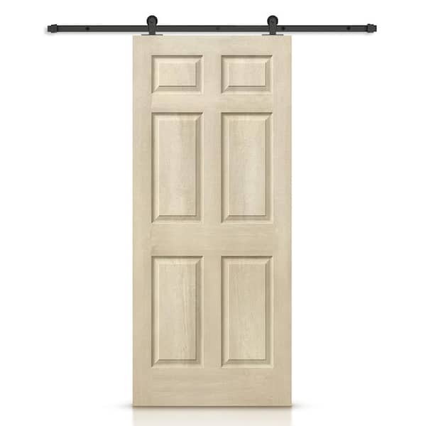 CALHOME 30 in. x 80 in. Vintage Cream Stain Composite MDF 6 Panel Interior Sliding Barn Door with Hardware Kit