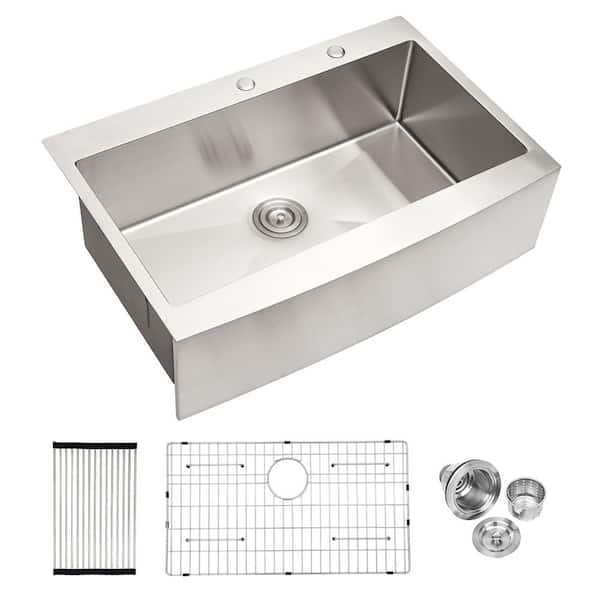 33 in. Farmhouse Single Bowl 16 Gauge Brushed Nickel Stainless Steel Kitchen Sink with Sink Grid
