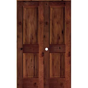 48 in. x 80 in. Rustic Knotty Alder 2-Panel Right Handed Red Chestnut Stain Wood Double Prehung Interior Door Square-Top