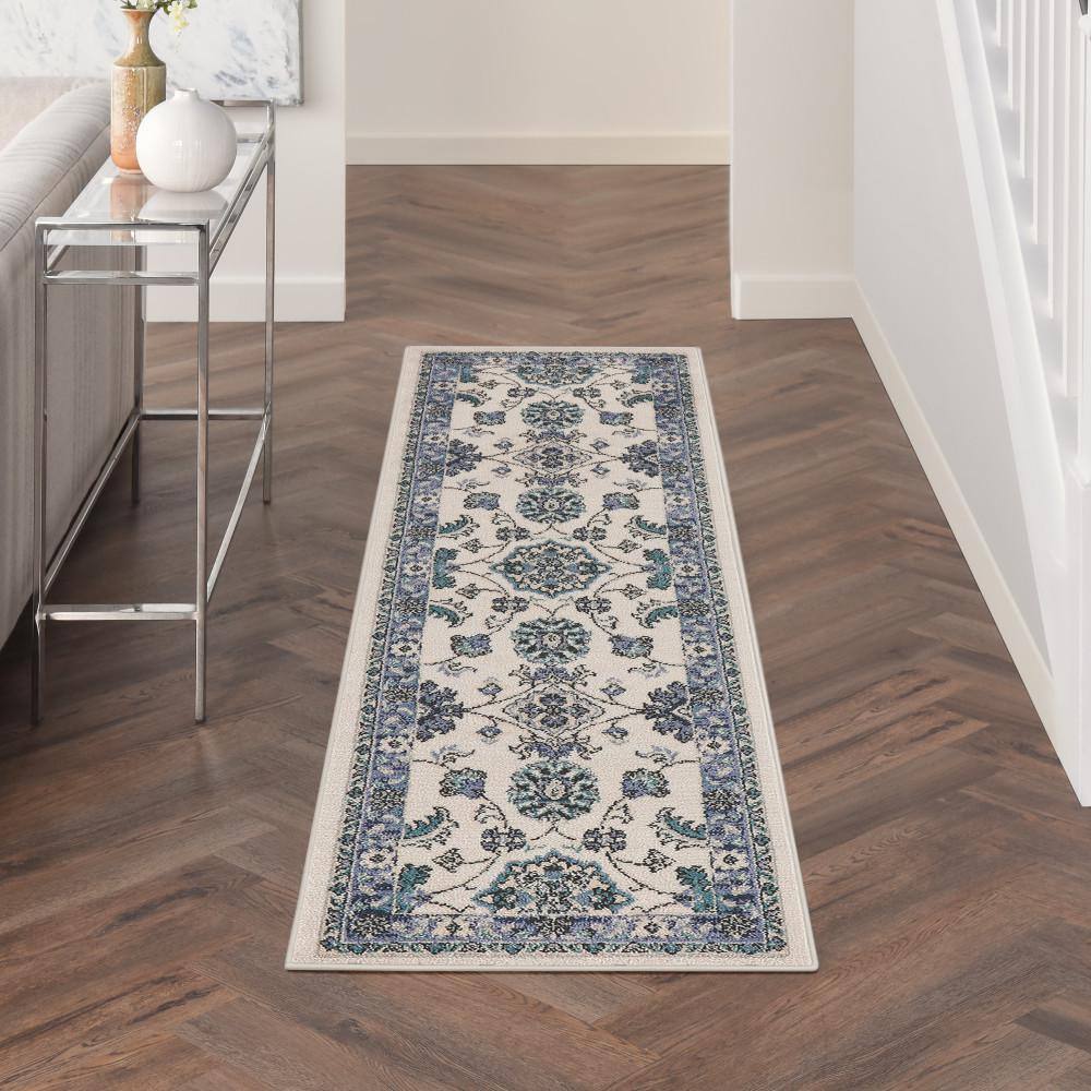 Ivory Blue Synthetic Runner Rug with Traditional Floral Pattern