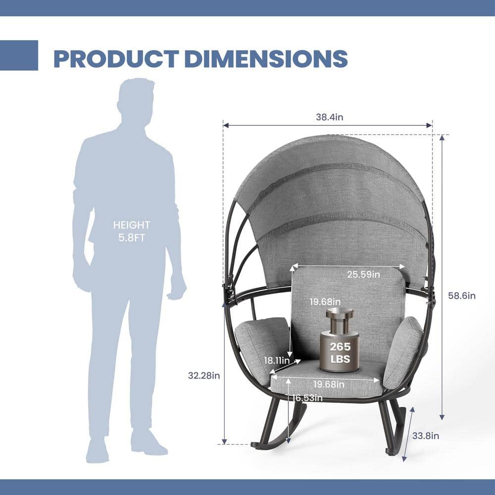 Gray and Black Iron Rocking Egg Chair with Cushions and Canopy